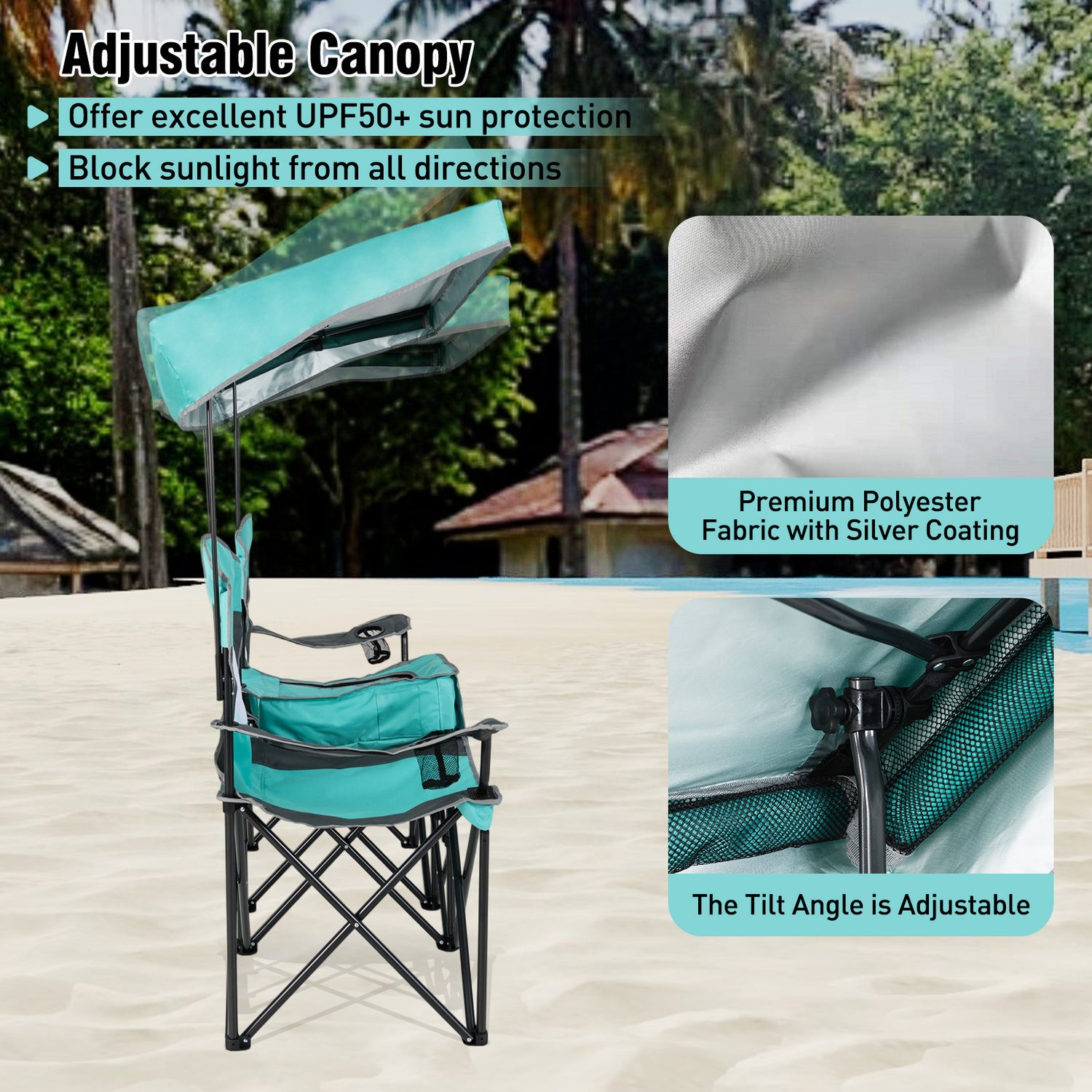 Double Beach Chair with Adjustable Canopy and 3 -Side Shading Curtains