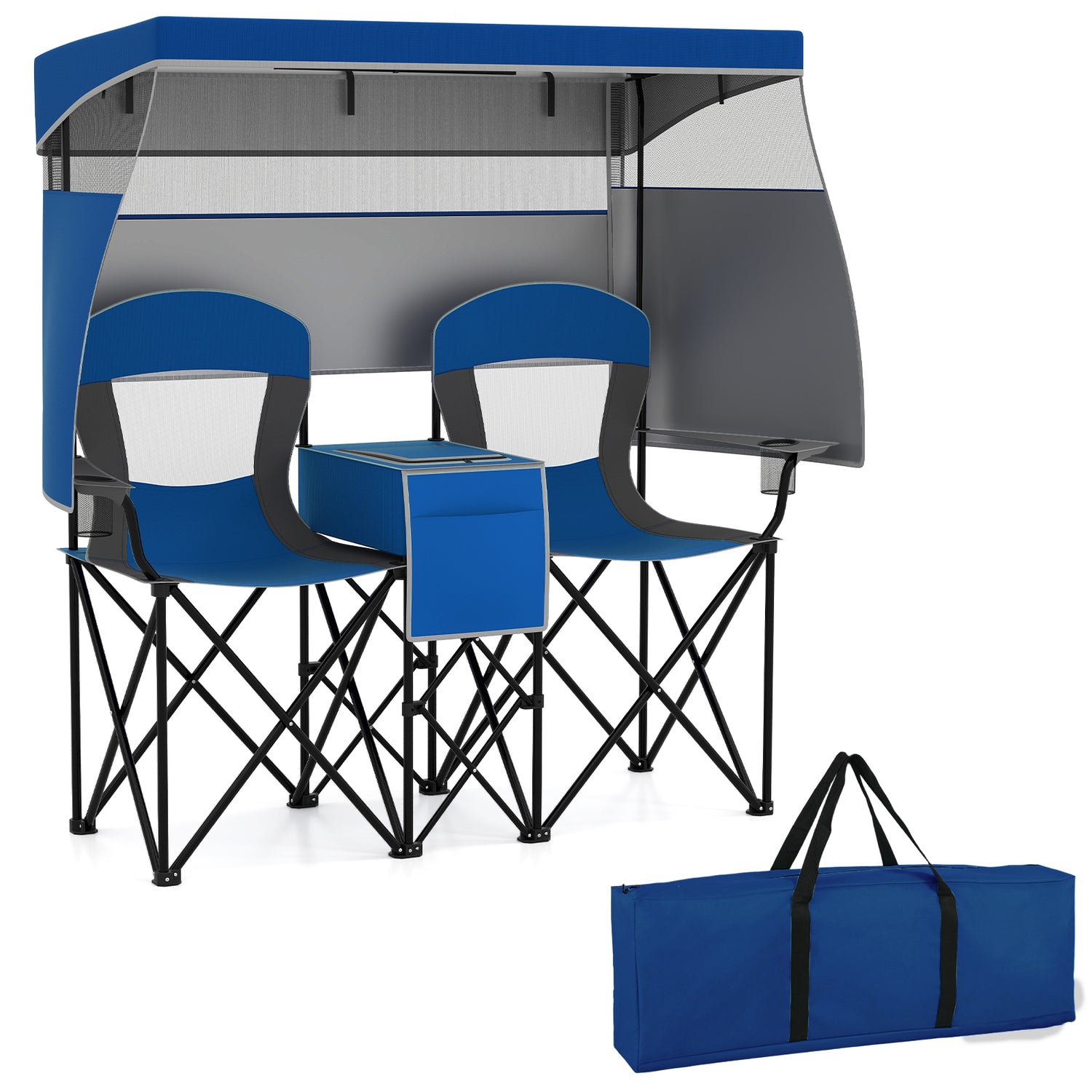 Double Beach Chair with Adjustable Canopy and 3 -Side Shading Curtains