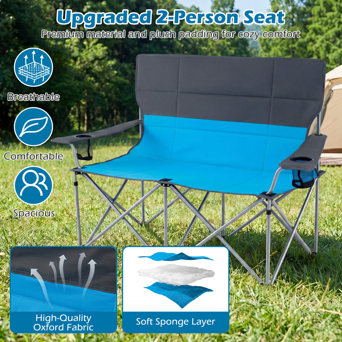 Double Camping Chair with Carry Bag Cup Holders