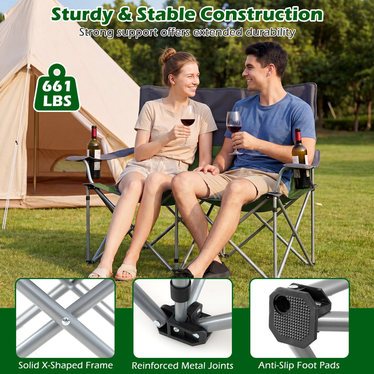 Double Camping Chair with Carry Bag Cup Holders
