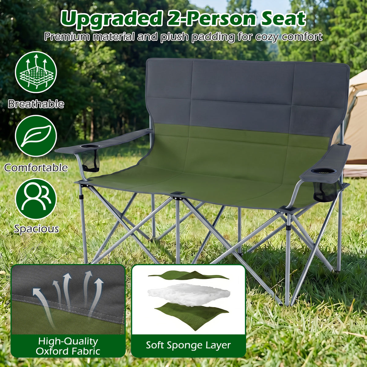 Double Camping Chair with Carry Bag Cup Holders