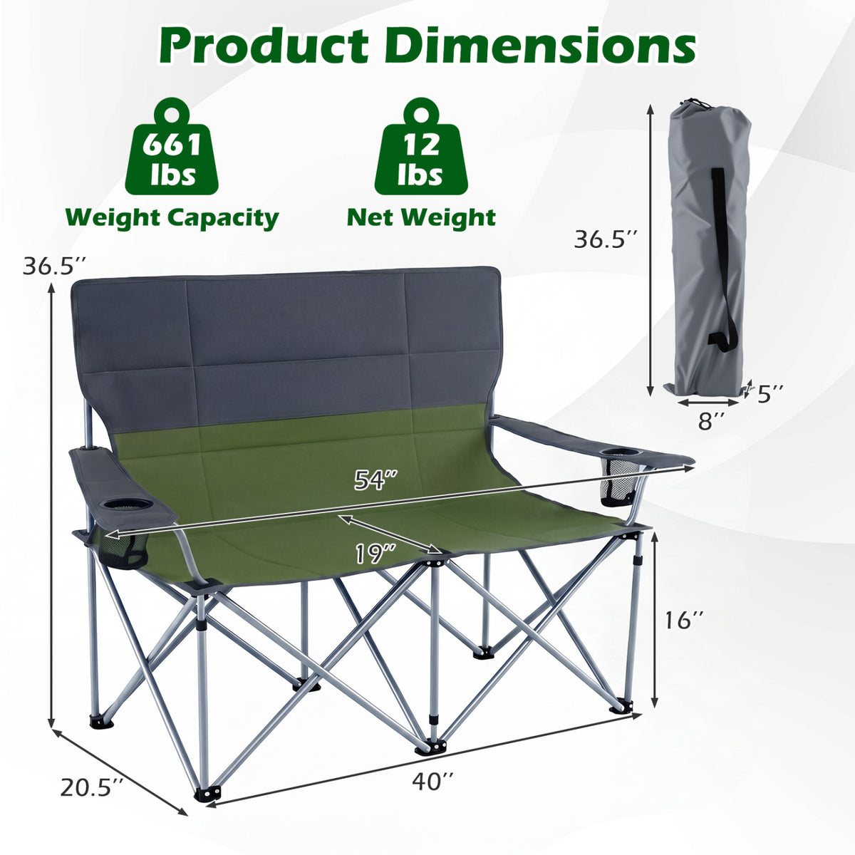 Double Camping Chair with Carry Bag Cup Holders