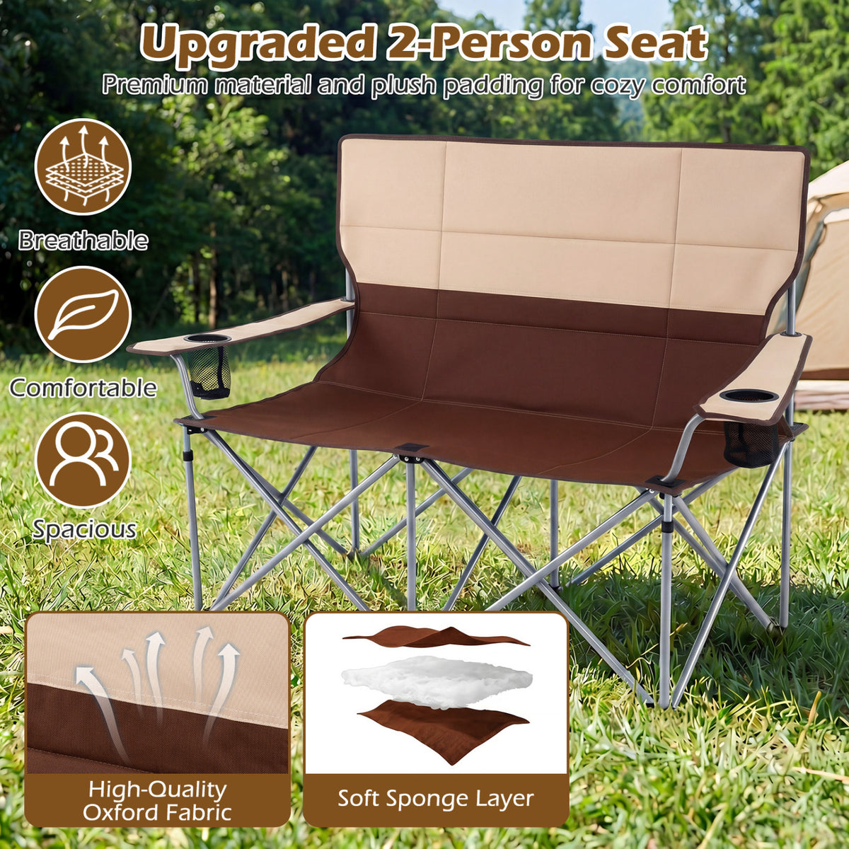 Double Camping Chair with Carry Bag Cup Holders
