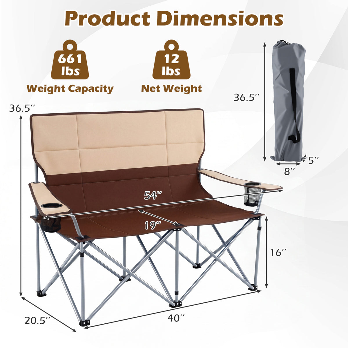 Double Camping Chair with Carry Bag Cup Holders