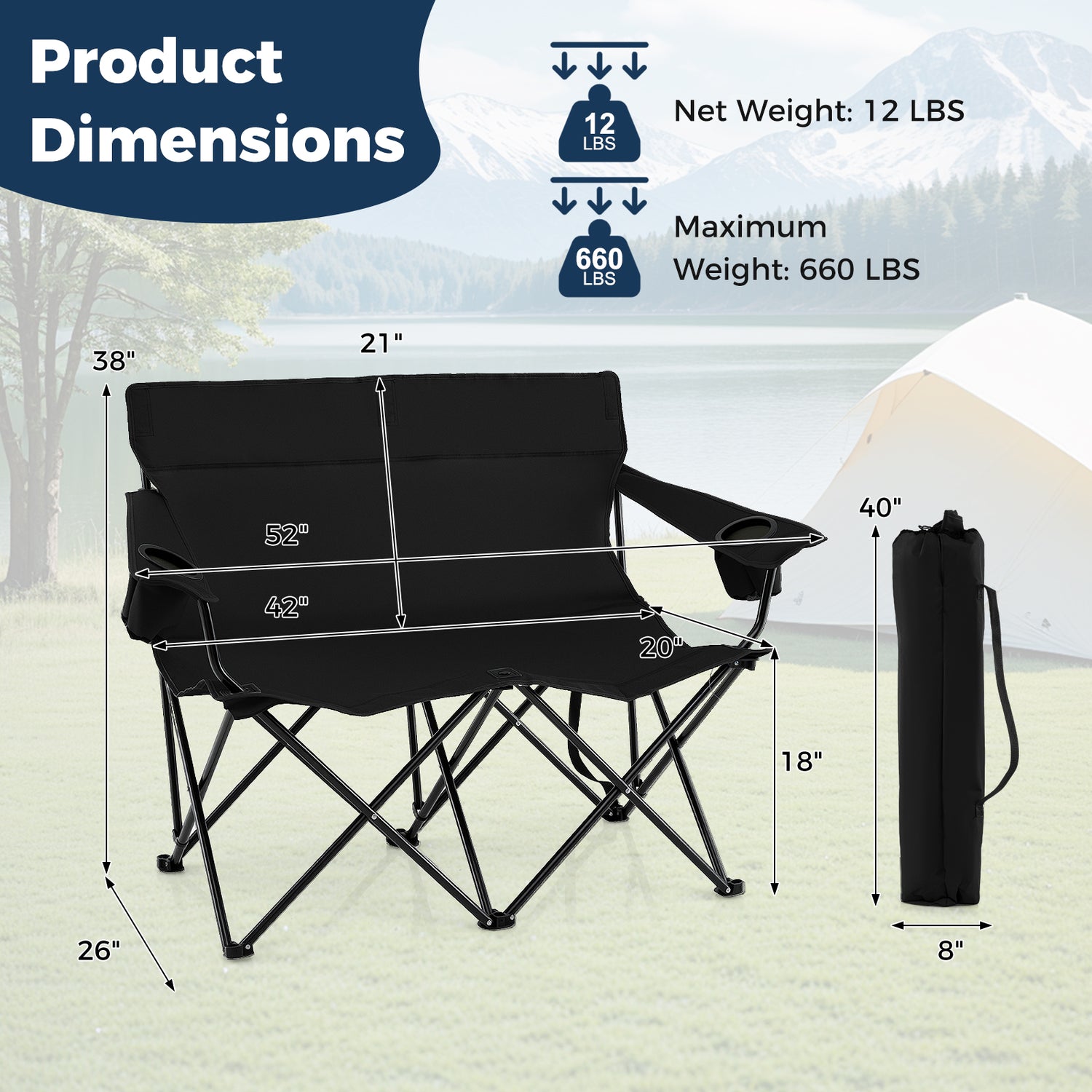 Double Camping Chair 2-Person Outdoor Folding Loveseat with Cup Holders