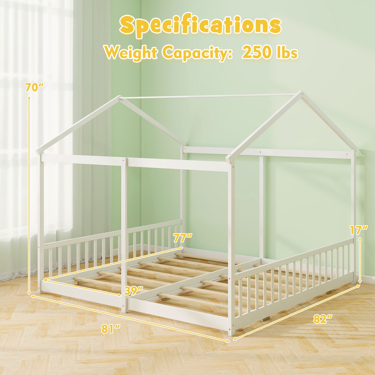 Double Floor Bed for Twins House Beds with Safety Guardrails for 2 Kids-White