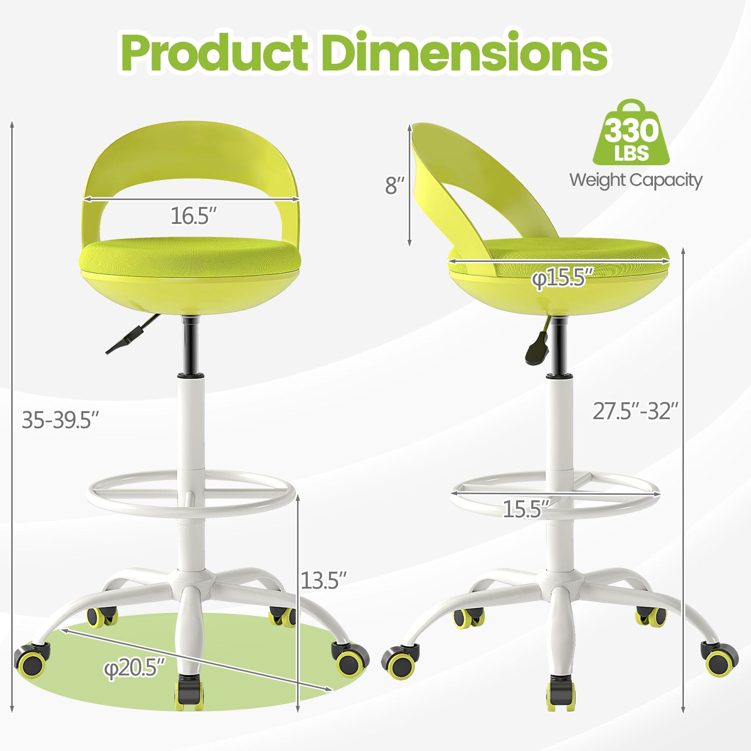 Drafting Stool Rolling Tall Desk Chair with Wheels-Green