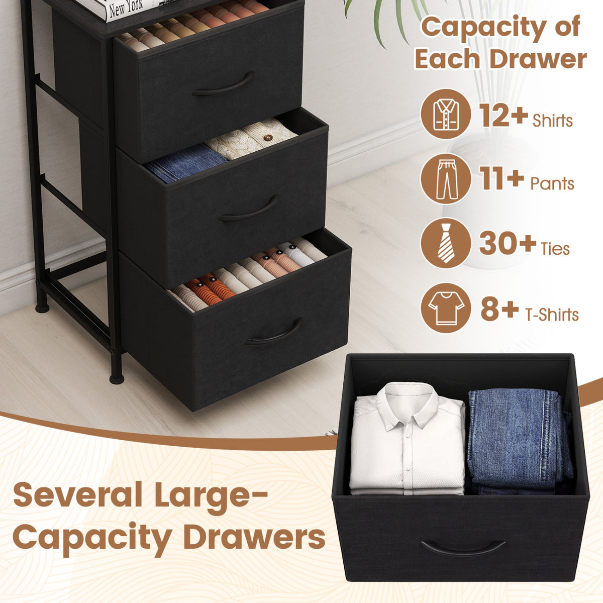 Dresser Nightstand with Roomy Fabric Drawers for Bedroom Storage Cabinet with Metal Frame