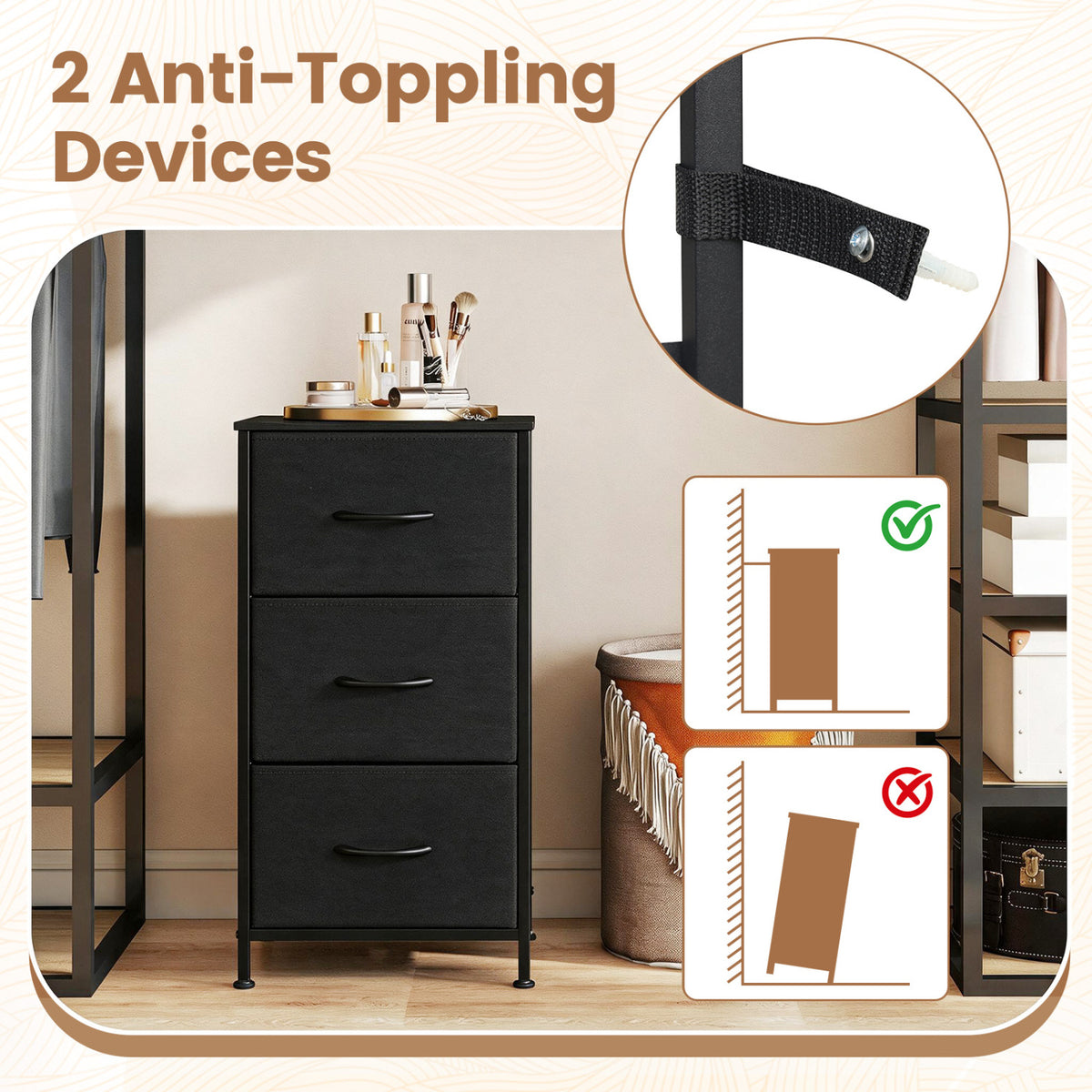 Dresser Nightstand with Roomy Fabric Drawers for Bedroom Storage Cabinet with Metal Frame