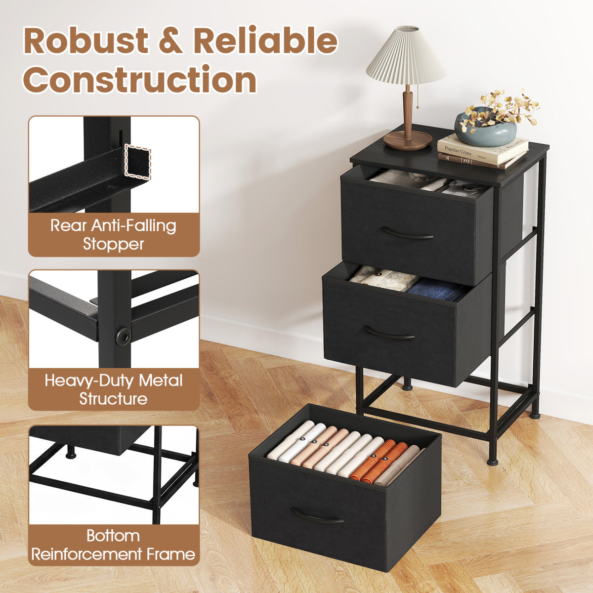 Dresser Nightstand with Roomy Fabric Drawers for Bedroom Storage Cabinet with Metal Frame