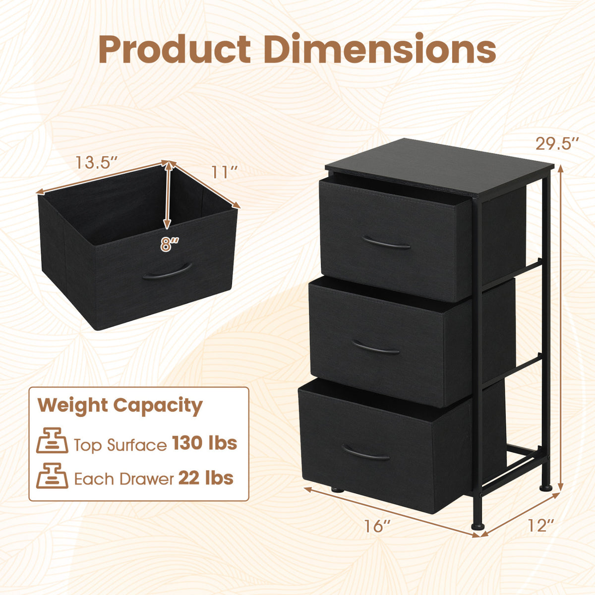 Dresser Nightstand with Roomy Fabric Drawers for Bedroom Storage Cabinet with Metal Frame