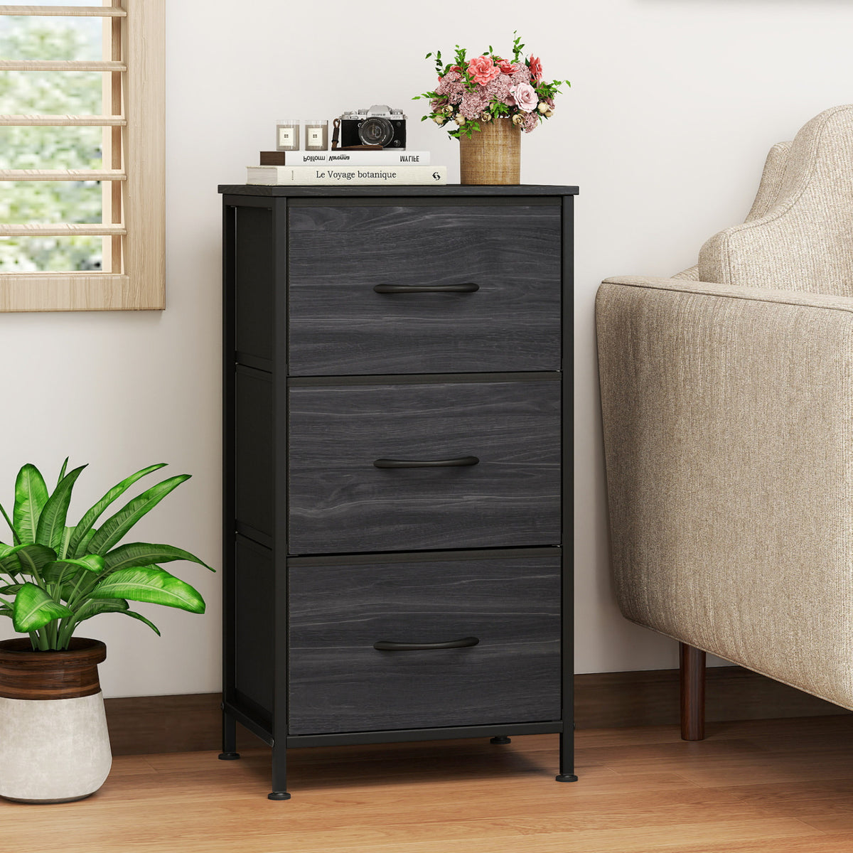 Dresser Nightstand with Roomy Fabric Drawers for Bedroom Storage Cabinet with Metal Frame