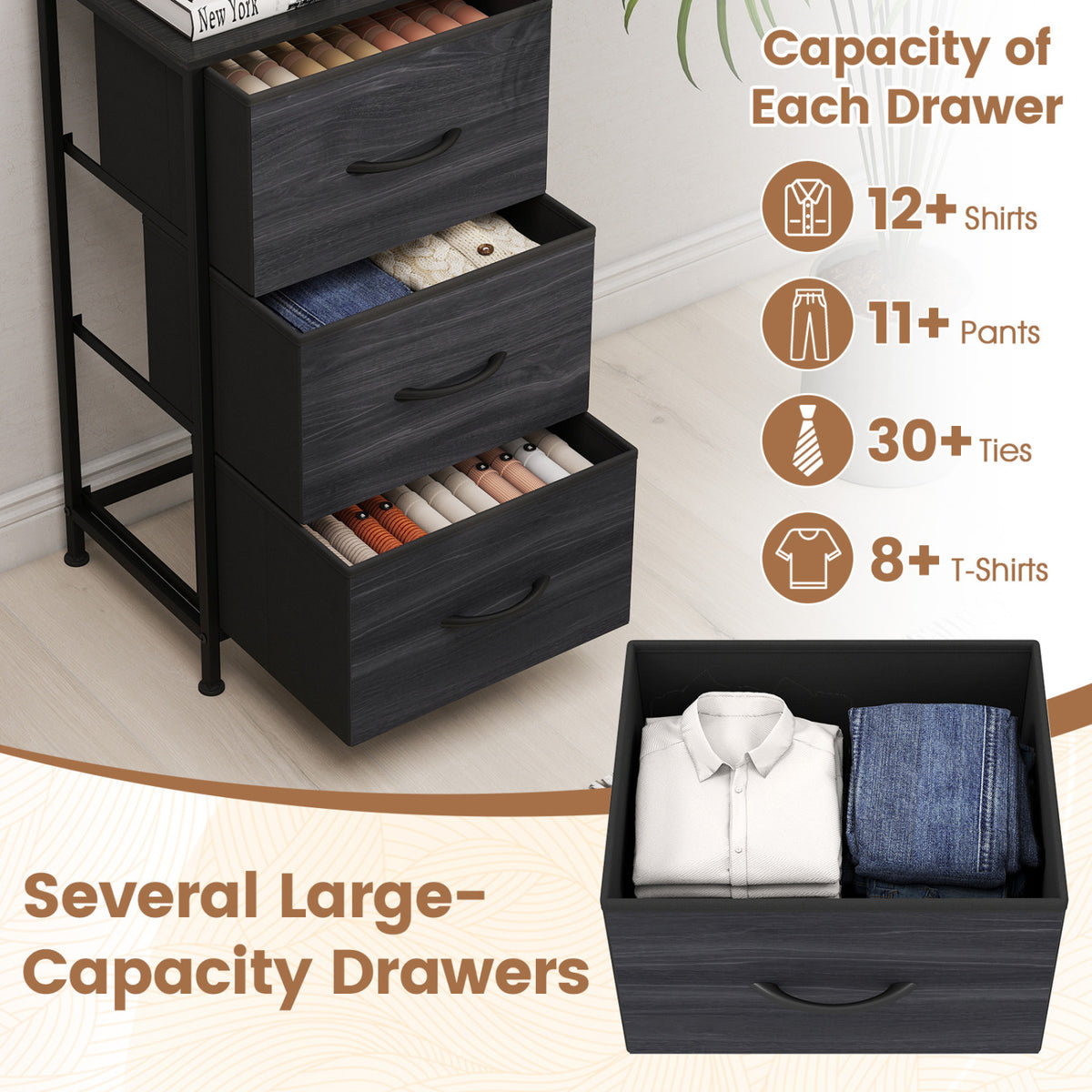 Dresser Nightstand with Roomy Fabric Drawers for Bedroom Storage Cabinet with Metal Frame