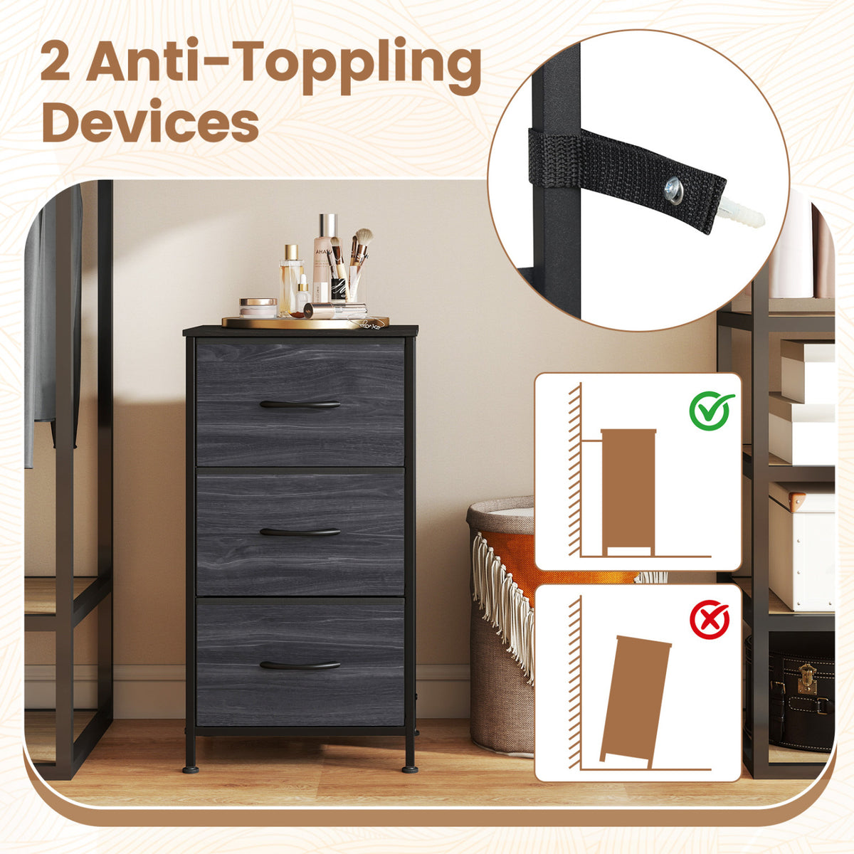 Dresser Nightstand with Roomy Fabric Drawers for Bedroom Storage Cabinet with Metal Frame
