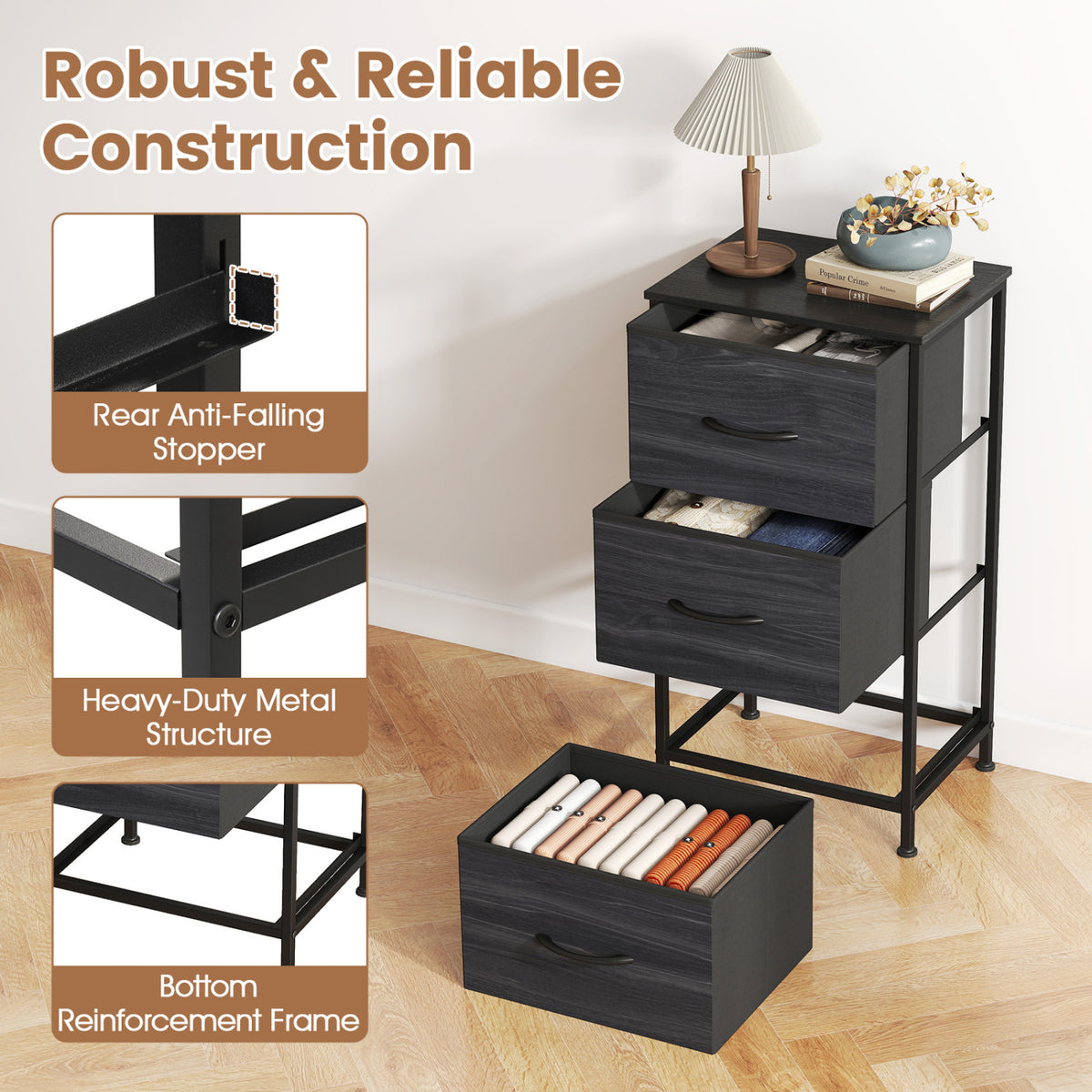 Dresser Nightstand with Roomy Fabric Drawers for Bedroom Storage Cabinet with Metal Frame
