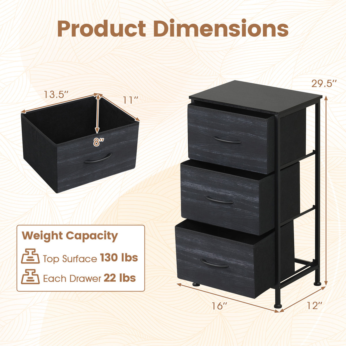 Dresser Nightstand with Roomy Fabric Drawers for Bedroom Storage Cabinet with Metal Frame