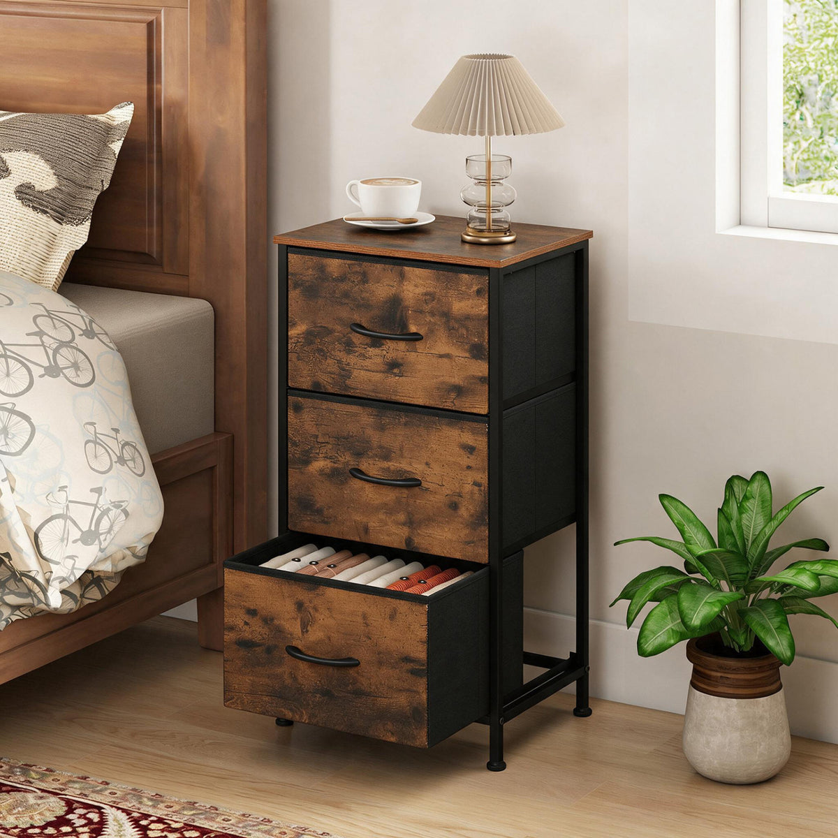 Dresser Nightstand with Roomy Fabric Drawers for Bedroom Storage Cabinet with Metal Frame
