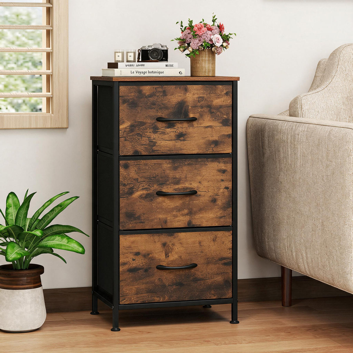 Dresser Nightstand with Roomy Fabric Drawers for Bedroom Storage Cabinet with Metal Frame