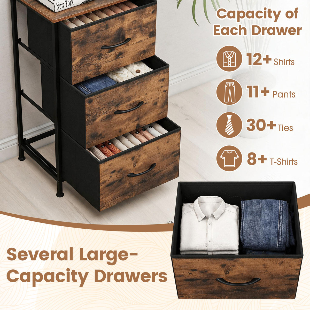Dresser Nightstand with Roomy Fabric Drawers for Bedroom Storage Cabinet with Metal Frame