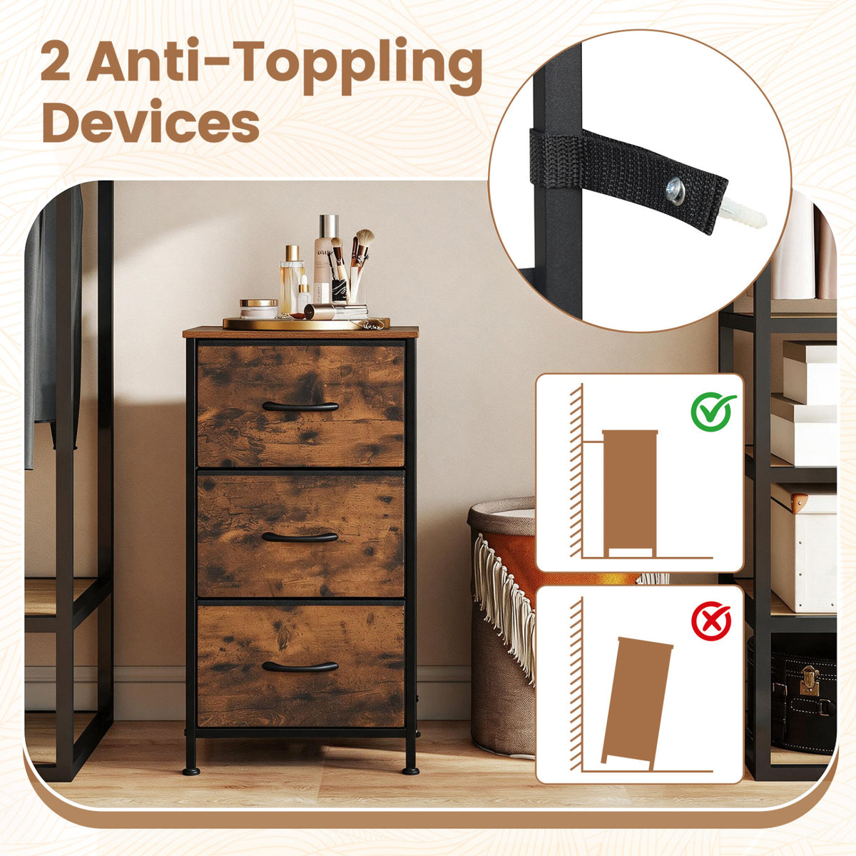Dresser Nightstand with Roomy Fabric Drawers for Bedroom Storage Cabinet with Metal Frame