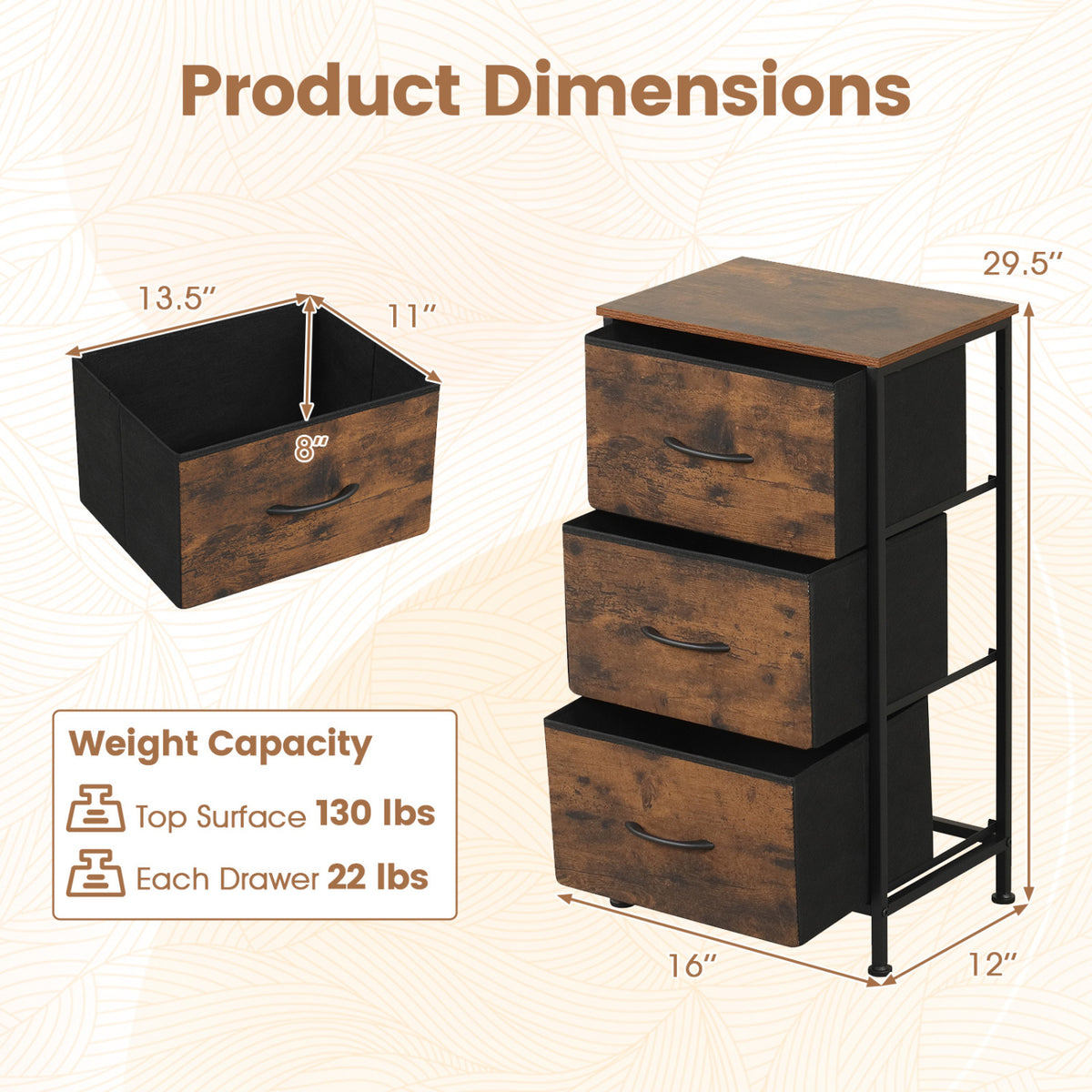 Dresser Nightstand with Roomy Fabric Drawers for Bedroom Storage Cabinet with Metal Frame