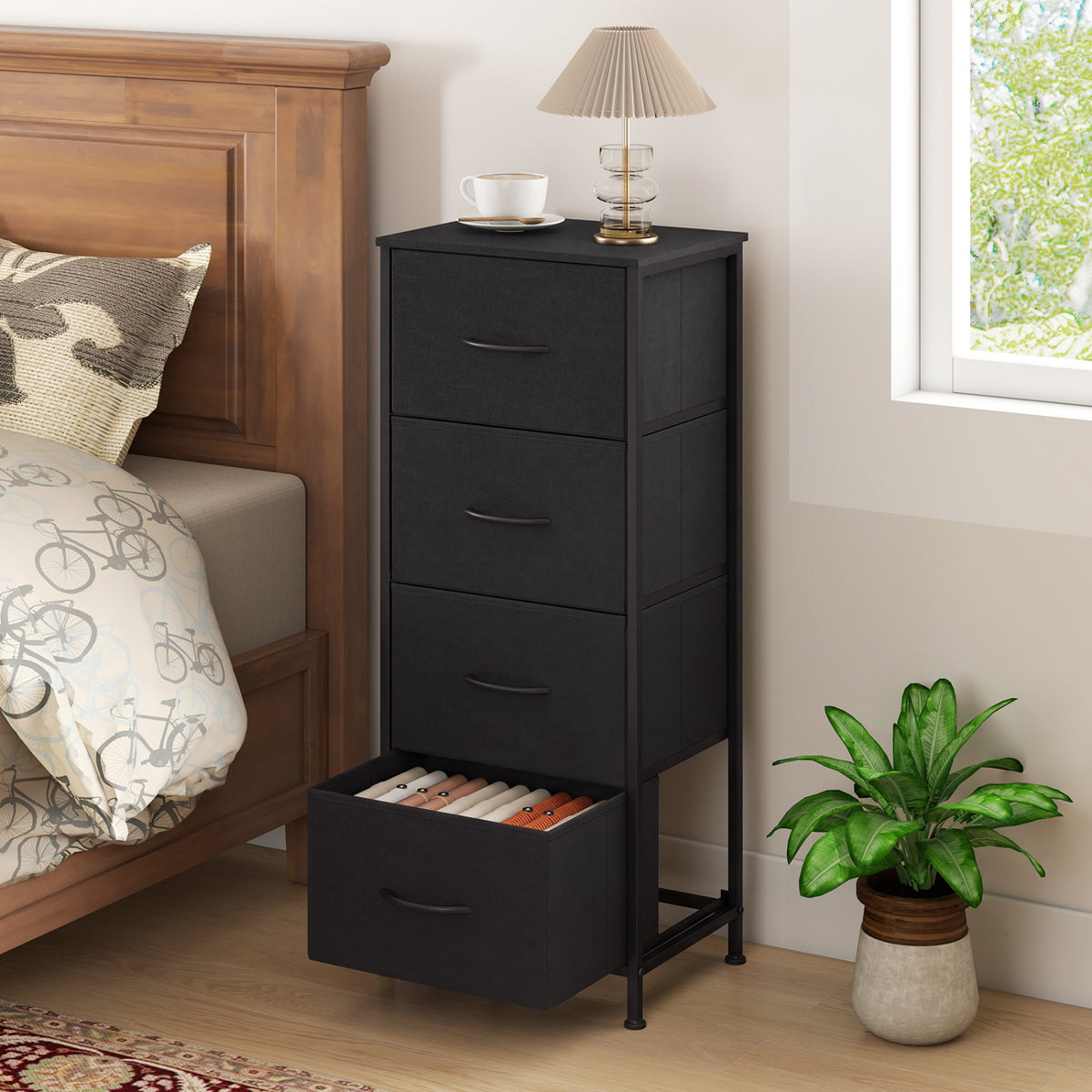 Dresser Nightstand with 4 Roomy Fabric Drawers and Metal Frame