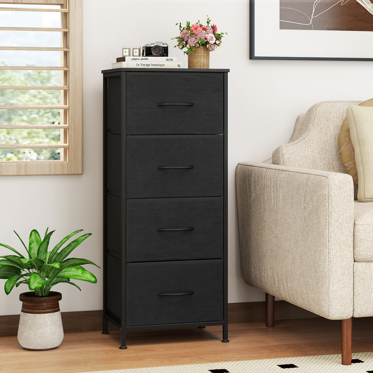 Dresser Nightstand with 4 Roomy Fabric Drawers and Metal Frame