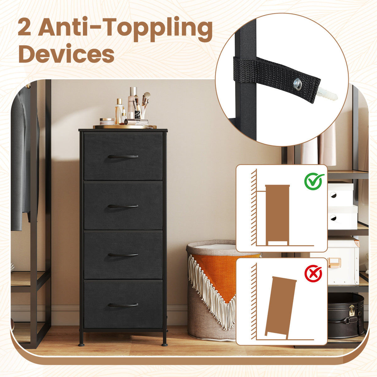 Dresser Nightstand with 4 Roomy Fabric Drawers and Metal Frame