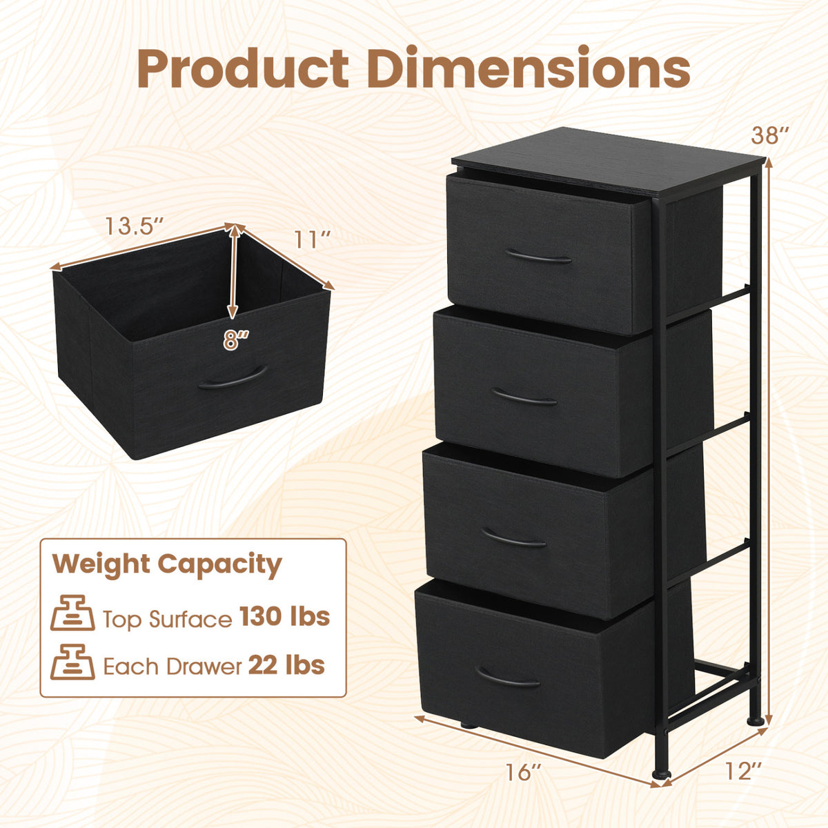 Dresser Nightstand with 4 Roomy Fabric Drawers and Metal Frame