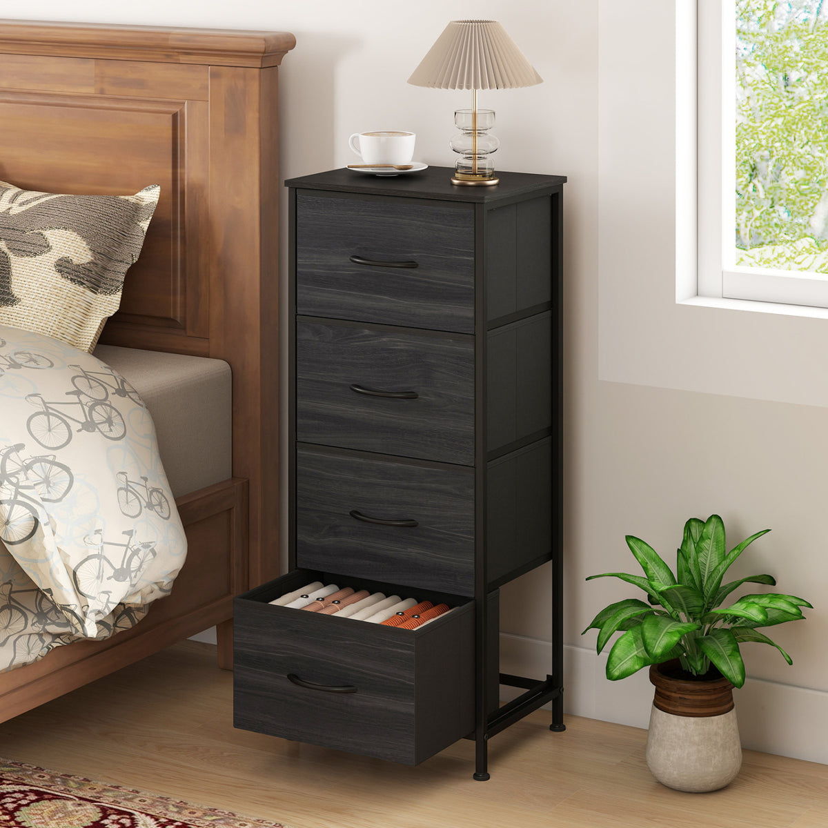 Dresser Nightstand with 4 Roomy Fabric Drawers and Metal Frame