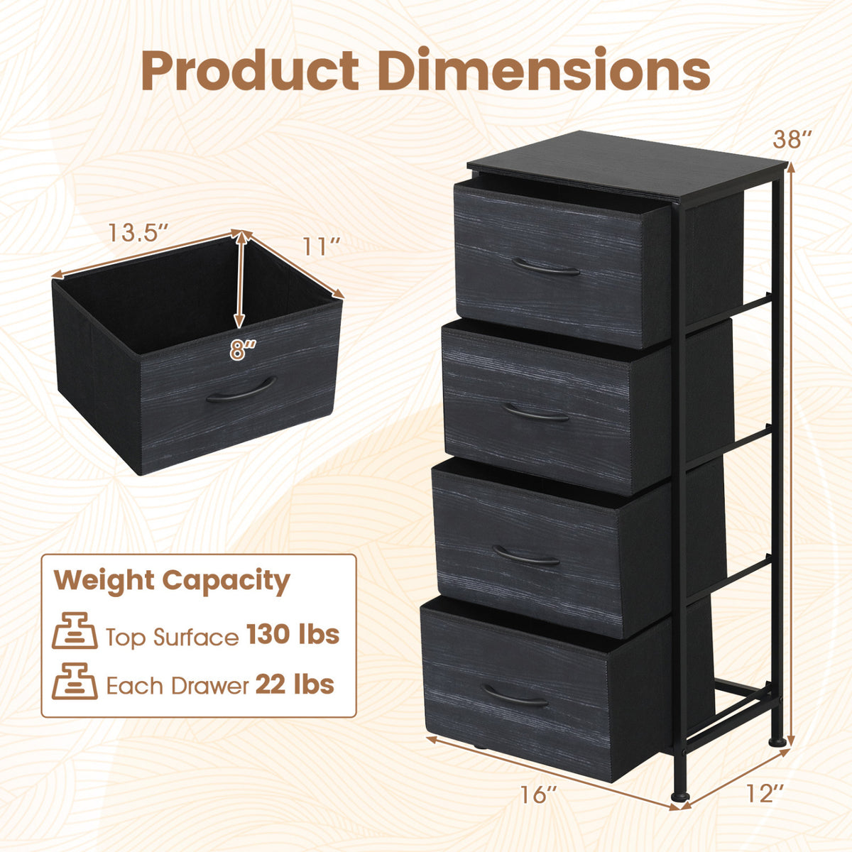 Dresser Nightstand with 4 Roomy Fabric Drawers and Metal Frame
