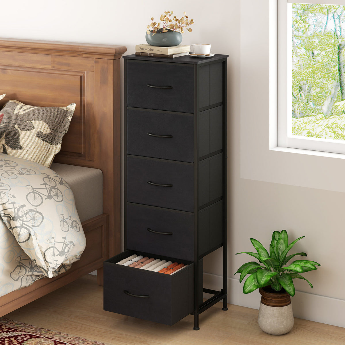 Dresser Nightstand with 5 Roomy Fabric Drawers for Bedroom