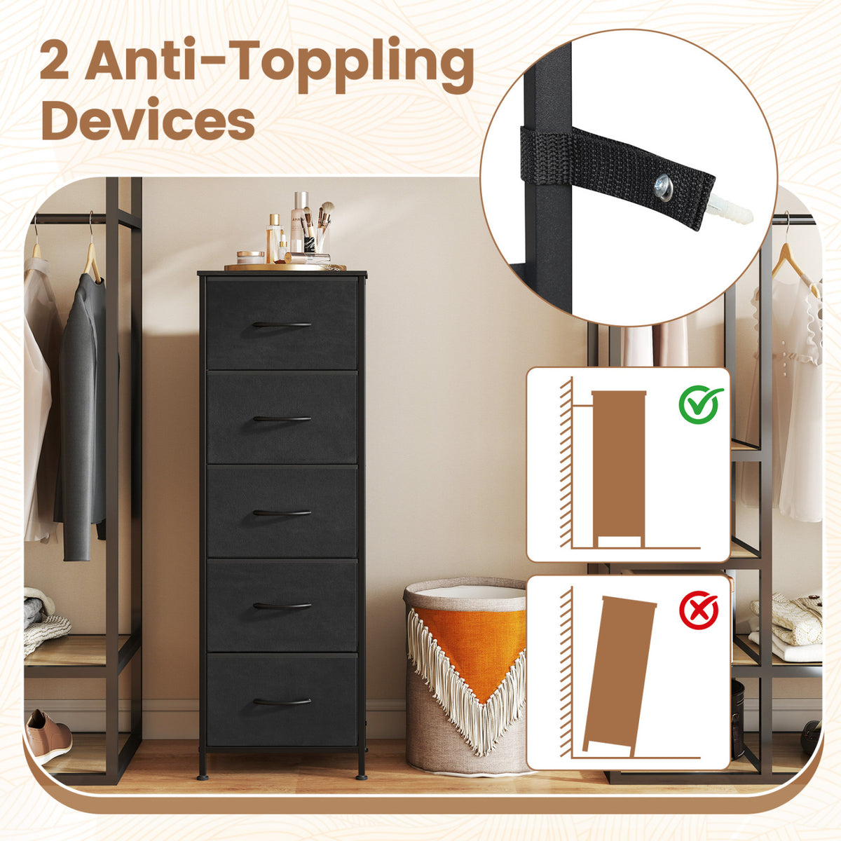 Dresser Nightstand with 5 Roomy Fabric Drawers for Bedroom