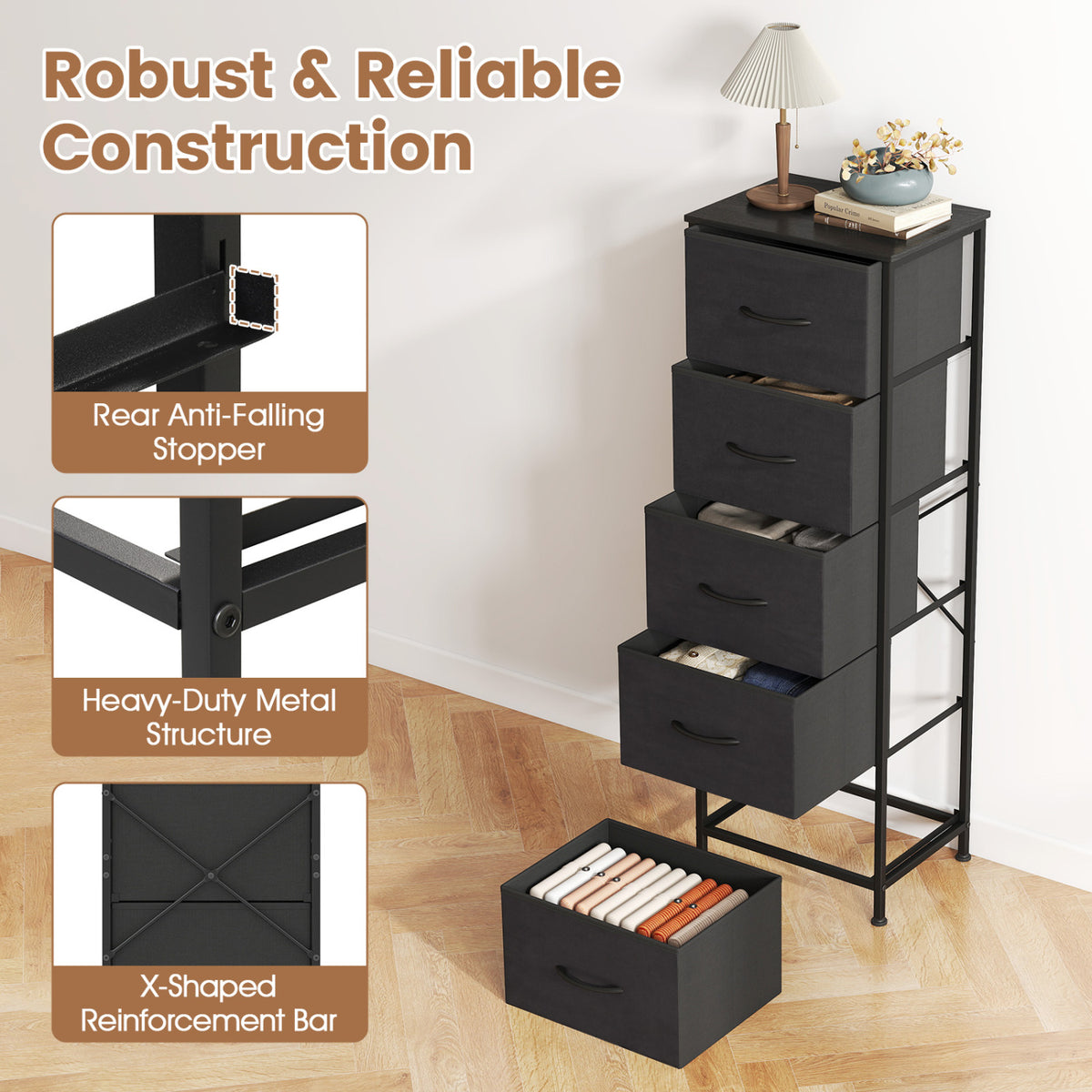 Dresser Nightstand with 5 Roomy Fabric Drawers for Bedroom