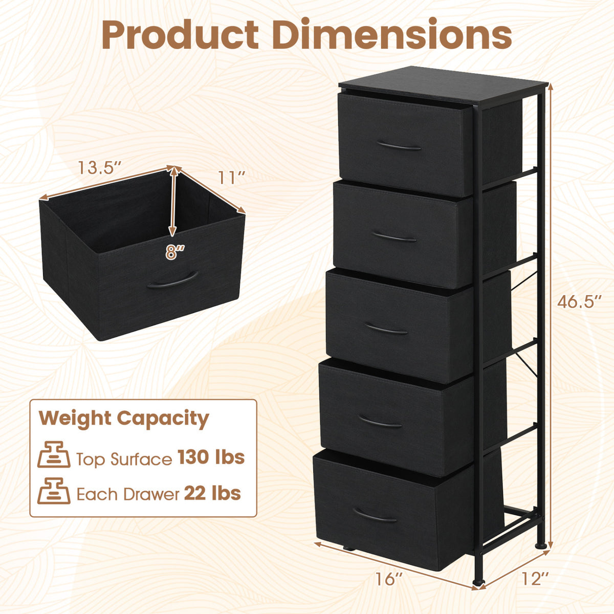 Dresser Nightstand with 5 Roomy Fabric Drawers for Bedroom