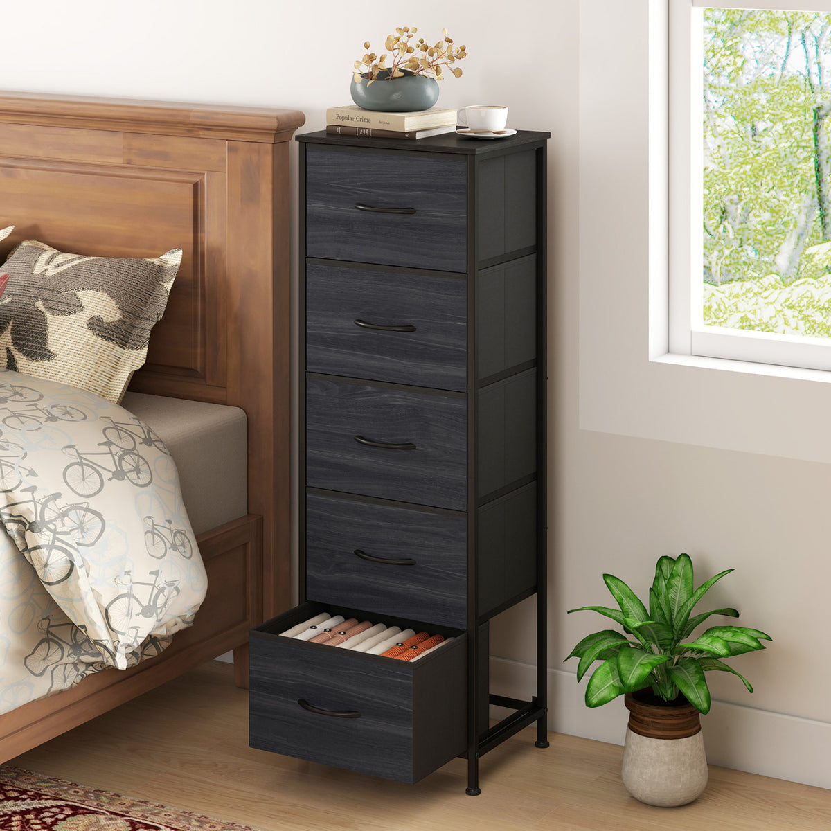 Dresser Nightstand with 5 Roomy Fabric Drawers for Bedroom