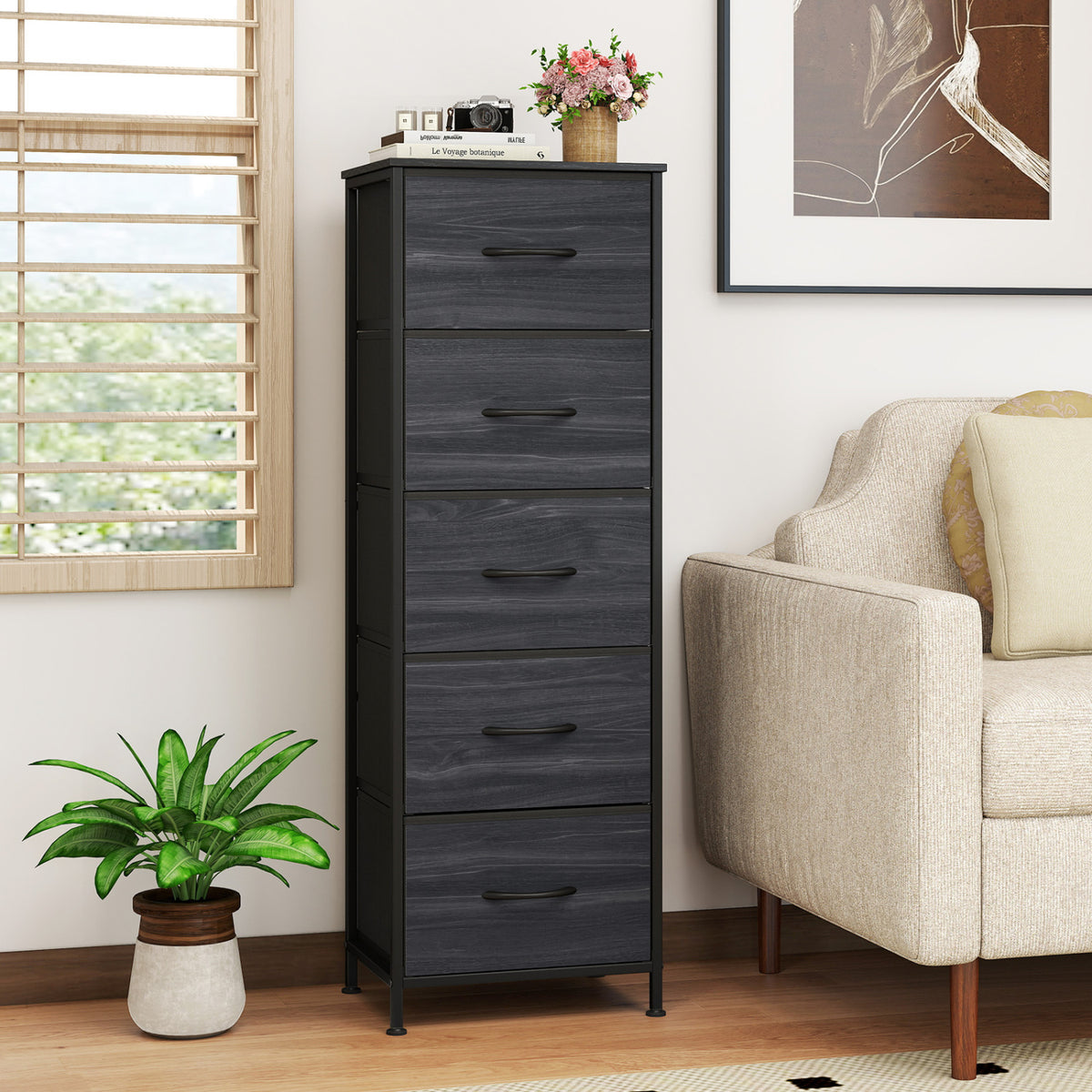 Dresser Nightstand with 5 Roomy Fabric Drawers for Bedroom