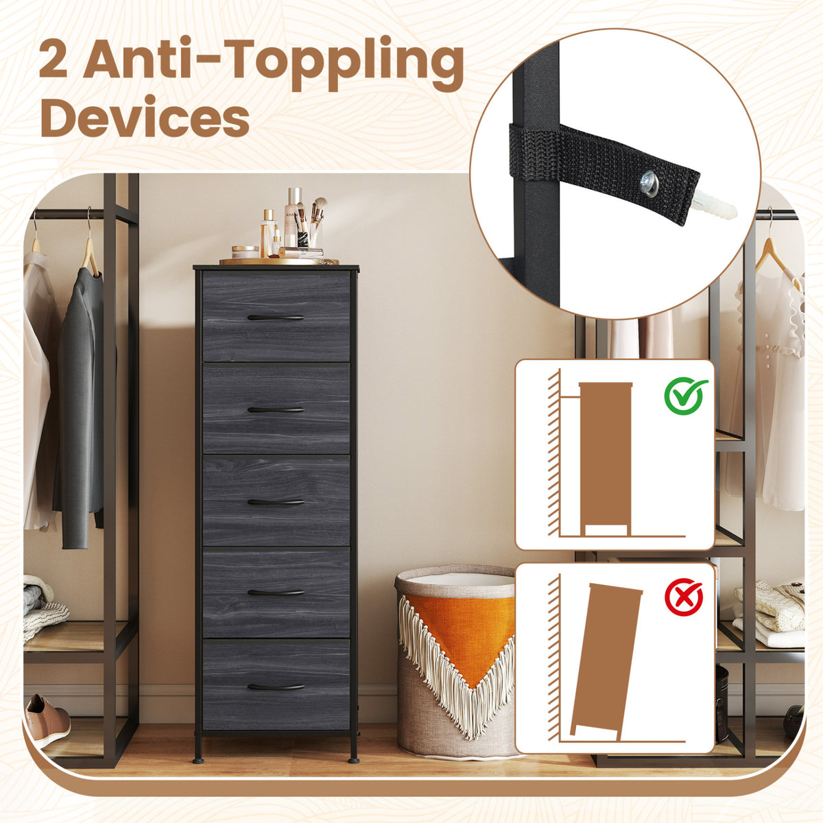 Dresser Nightstand with 5 Roomy Fabric Drawers for Bedroom