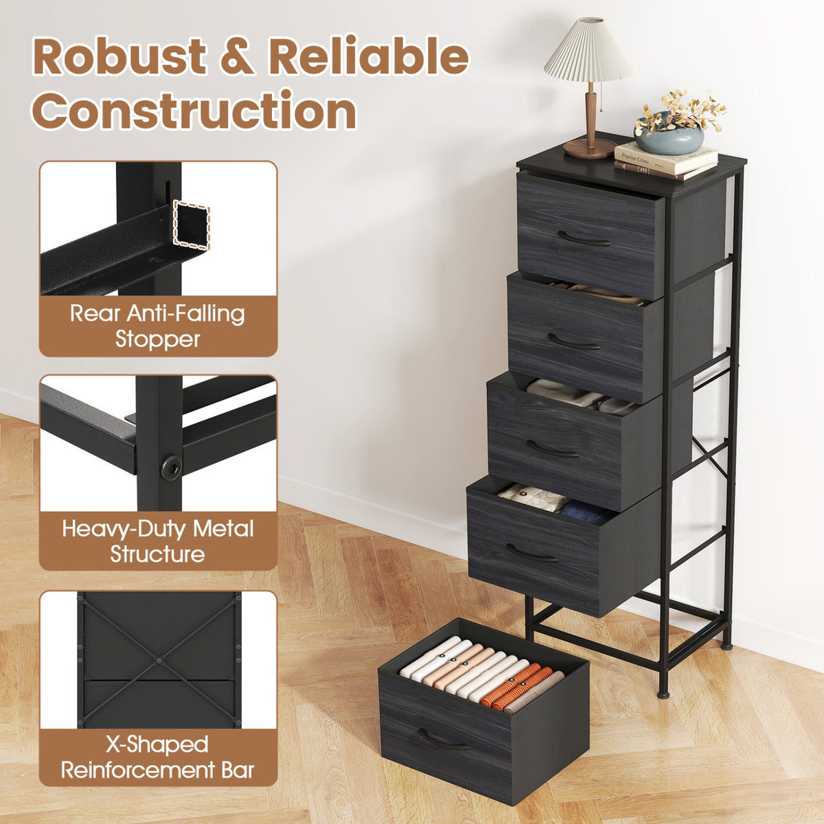 Dresser Nightstand with 5 Roomy Fabric Drawers for Bedroom
