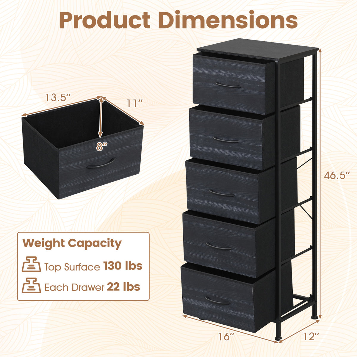 Dresser Nightstand with 5 Roomy Fabric Drawers for Bedroom
