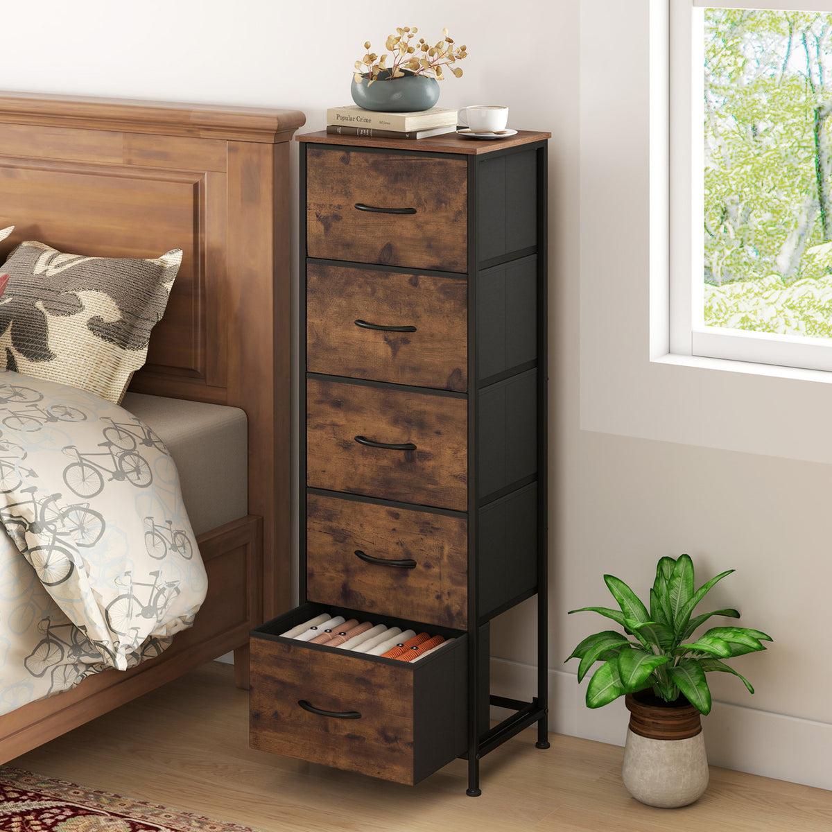 Dresser Nightstand with 5 Roomy Fabric Drawers for Bedroom