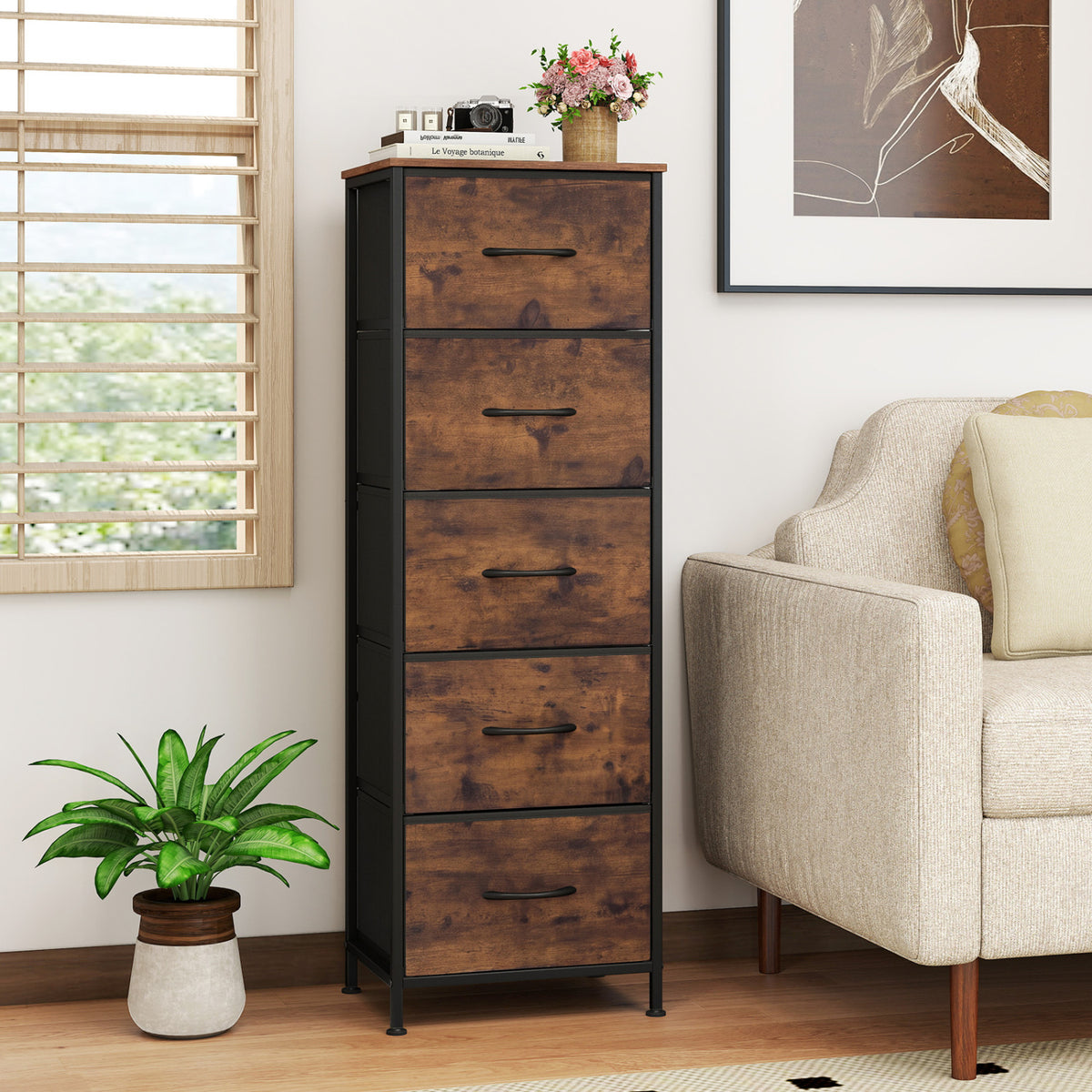 Dresser Nightstand with 5 Roomy Fabric Drawers for Bedroom