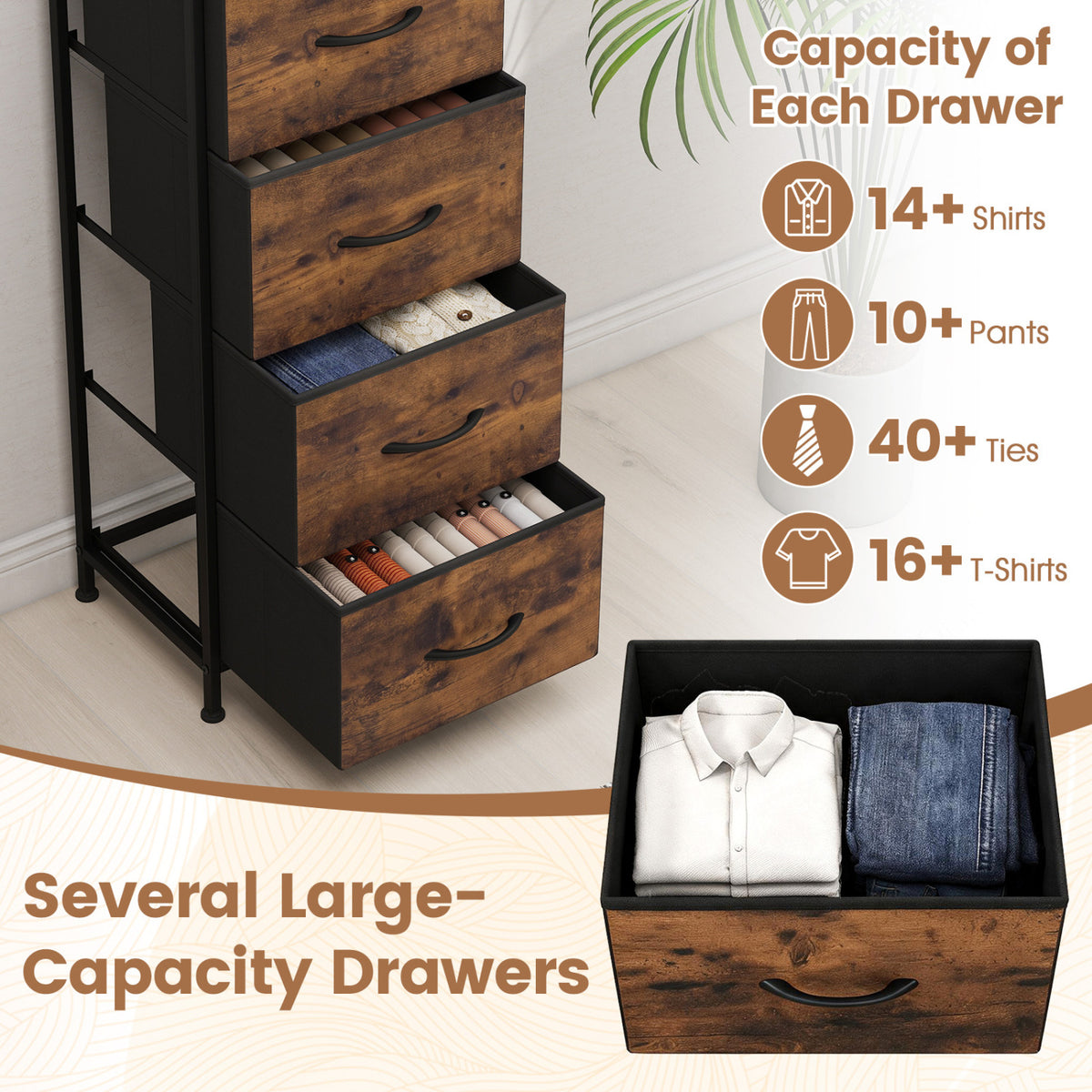 Dresser Nightstand with 5 Roomy Fabric Drawers for Bedroom