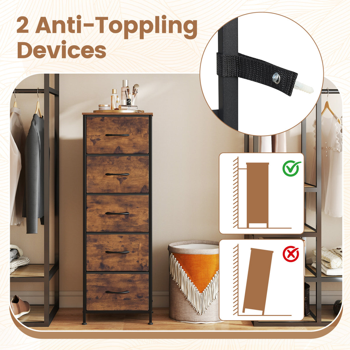 Dresser Nightstand with 5 Roomy Fabric Drawers for Bedroom