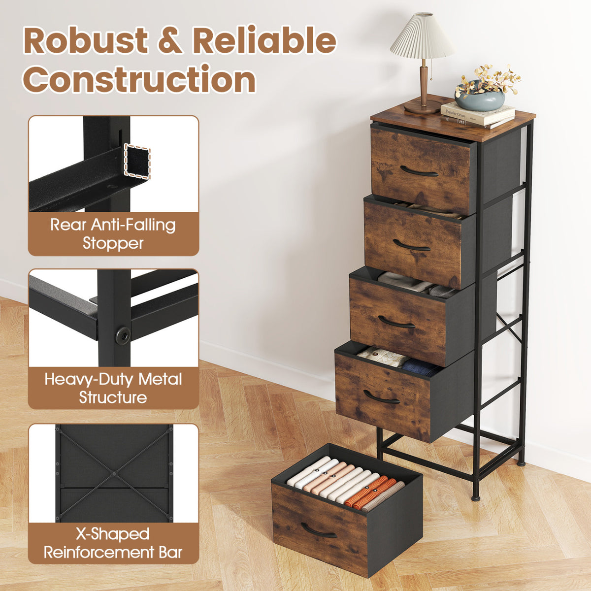 Dresser Nightstand with 5 Roomy Fabric Drawers for Bedroom