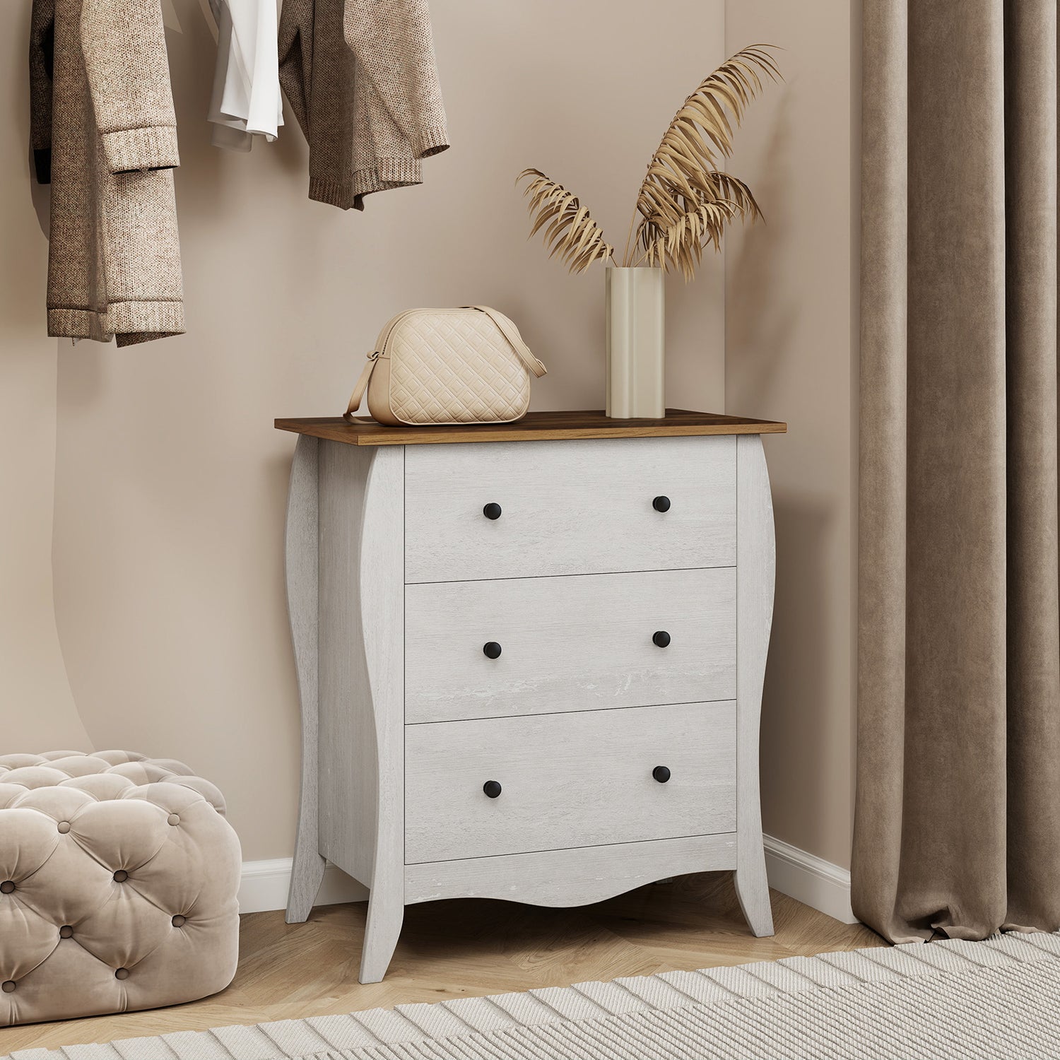 Dresser for Bedroom with 3 Folding Fabric Drawers and Anti-tipping Kit