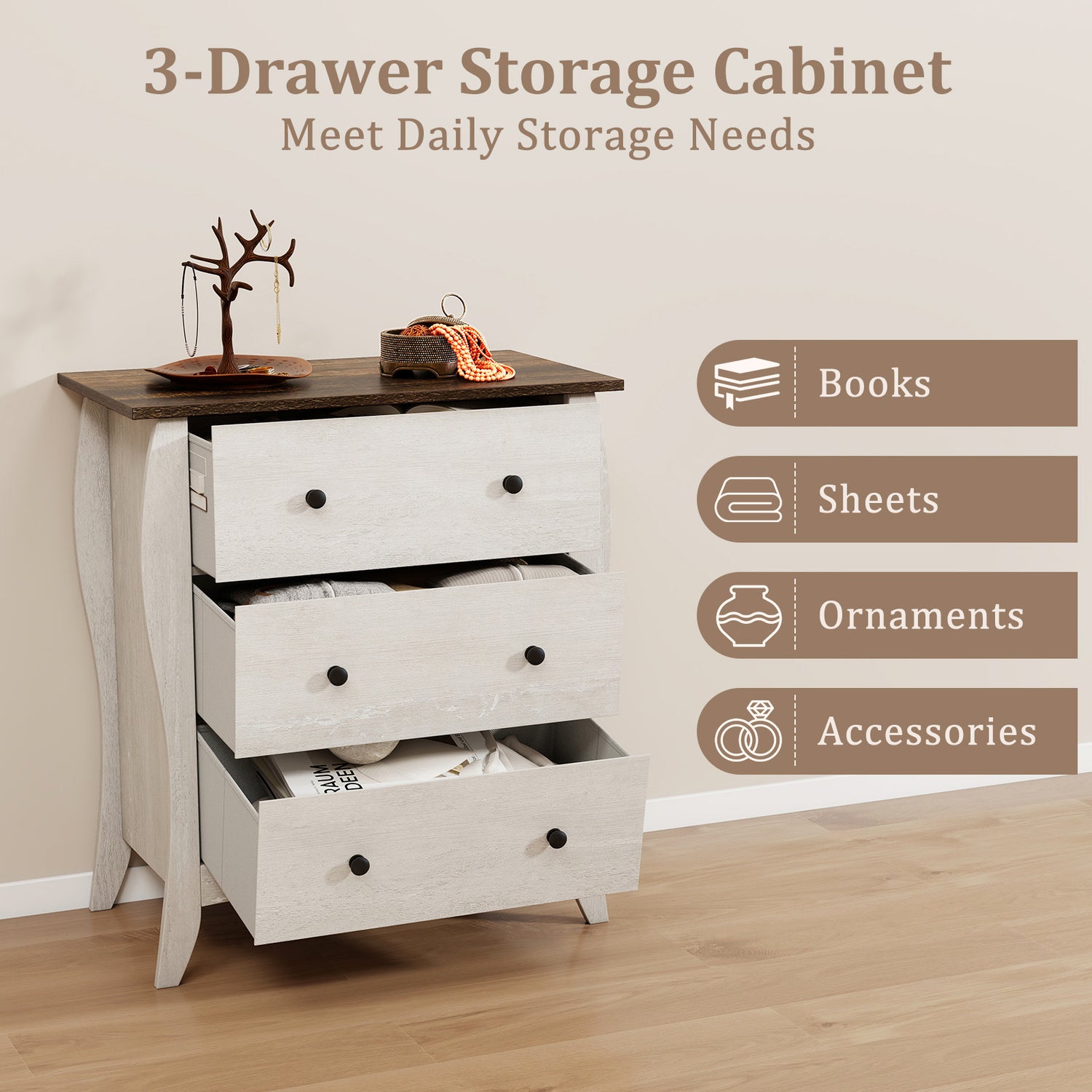 Dresser for Bedroom with 3 Folding Fabric Drawers and Anti-tipping Kit