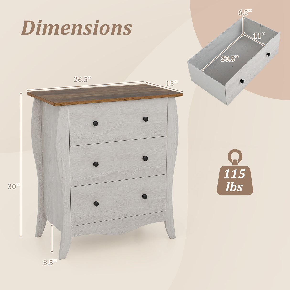Dresser for Bedroom with 3 Folding Fabric Drawers and Anti-tipping Kit