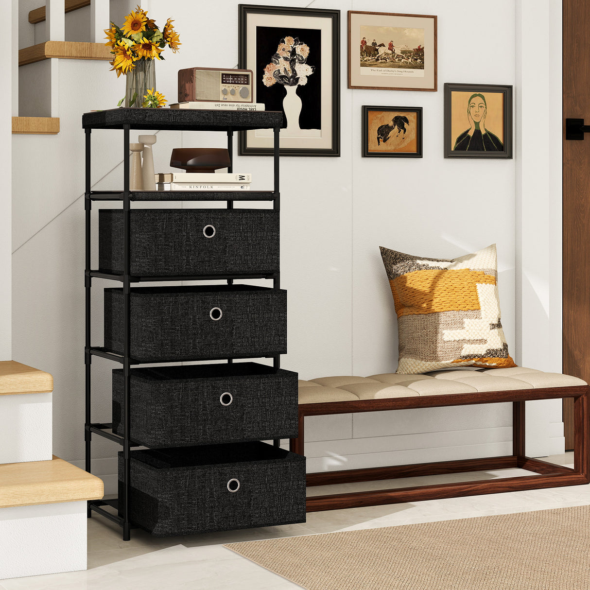 Dresser with 3/4 Drawers Fabric Storage Tower with Wood Top and Metal Frame