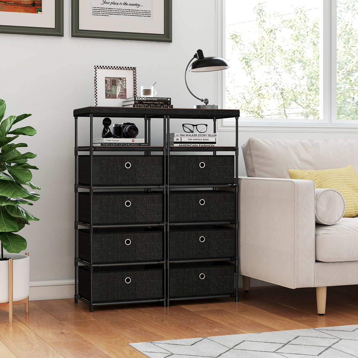 Dresser with 3/4 Drawers Fabric Storage Tower with Wood Top and Metal Frame